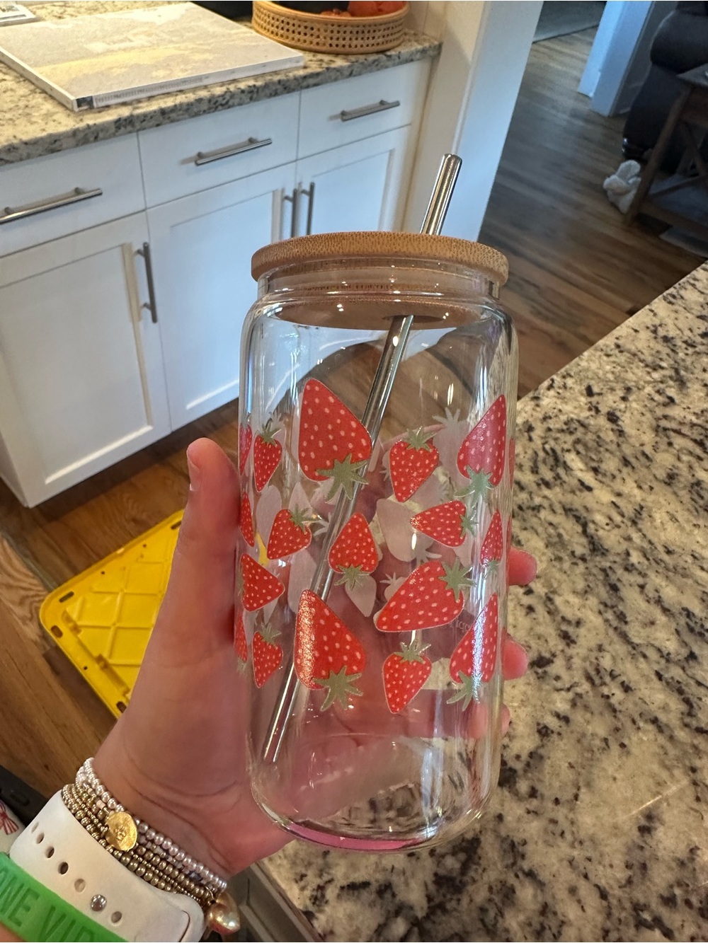Glass Strawberry Pattern Tumbler with Bamboo Lid and Stainless Straw